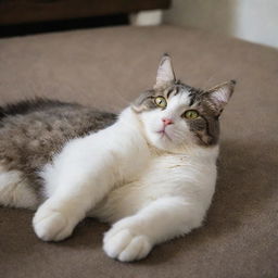 A playful domesticated cat lounging contently