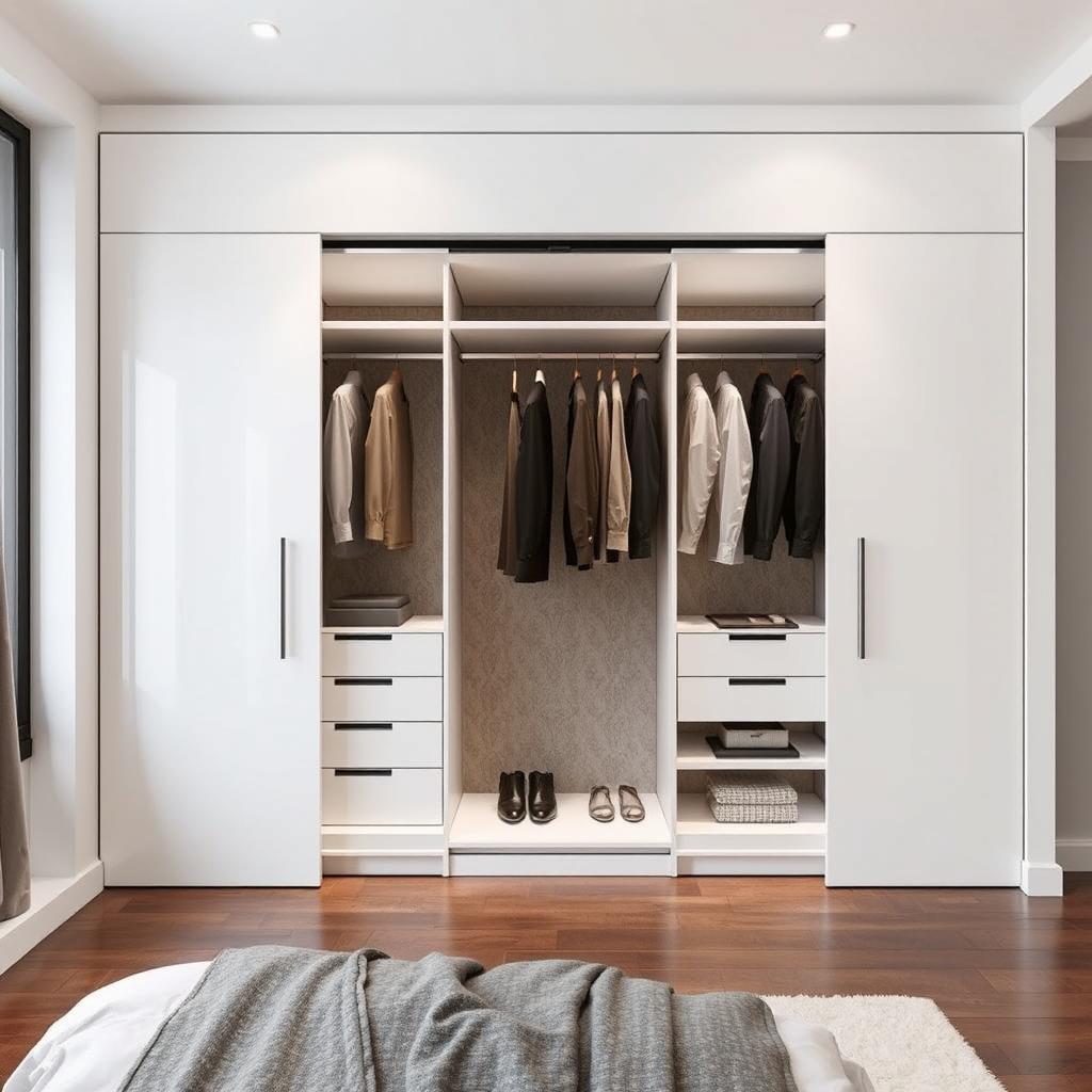 A spacious built-in wardrobe designed for a modern bedroom, measuring 2