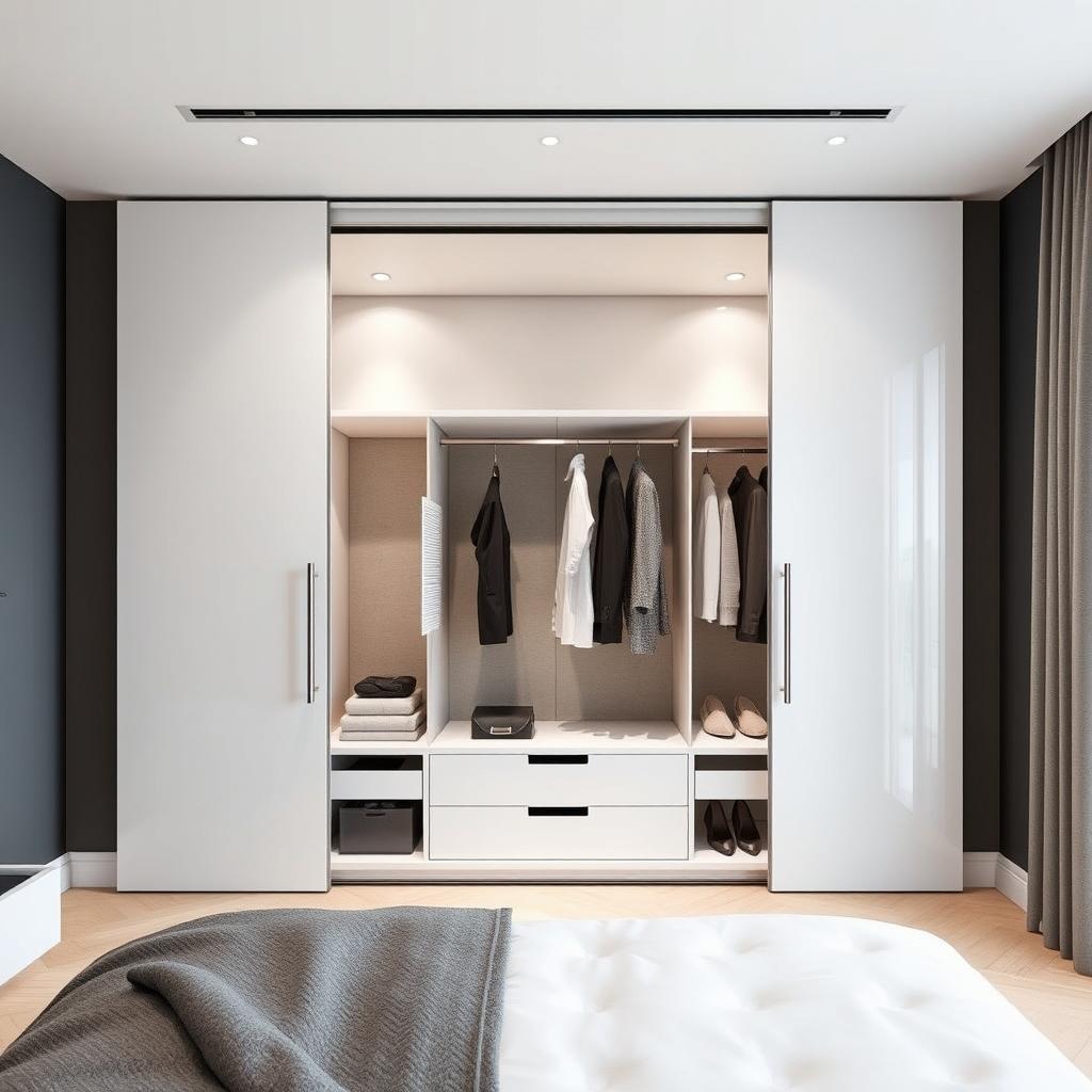 A spacious built-in wardrobe designed for a modern bedroom, measuring 2