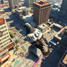 A fun and imaginative scene featuring a player character transformed into a pigeon within the vibrant world of Grand Theft Auto V