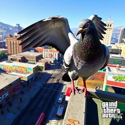 A fun and imaginative scene featuring a player character transformed into a pigeon within the vibrant world of Grand Theft Auto V