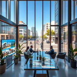 A stunning and vibrant image depicting a modern real estate office, showcasing sleek architecture with large glass windows