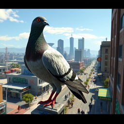 A fun and imaginative scene featuring a player character transformed into a pigeon within the vibrant world of Grand Theft Auto V