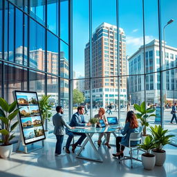 A stunning and vibrant image depicting a modern real estate office, showcasing sleek architecture with large glass windows