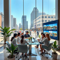 A stunning and vibrant image depicting a modern real estate office, showcasing sleek architecture with large glass windows