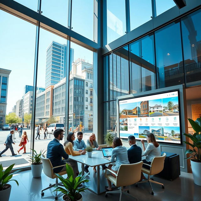 A stunning and vibrant image depicting a modern real estate office, showcasing sleek architecture with large glass windows