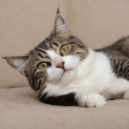 A playful domesticated cat lounging contently