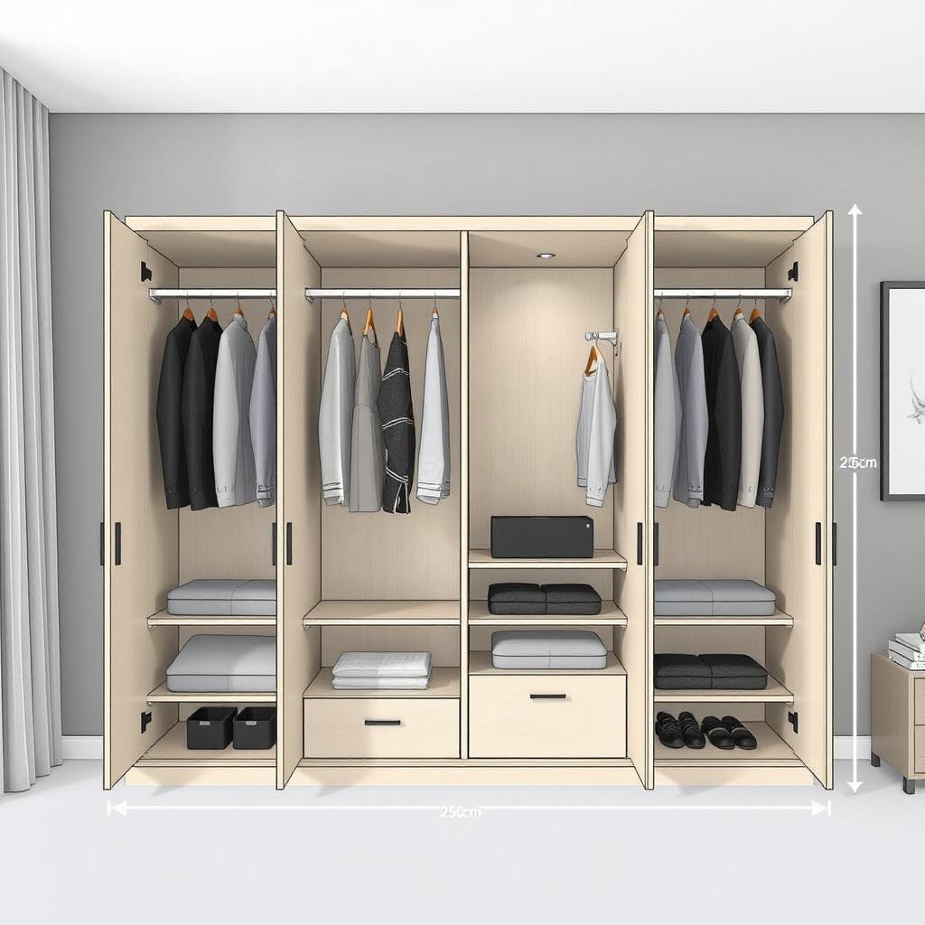 A detailed plan for a built-in wardrobe featuring four doors, designed for a modern bedroom