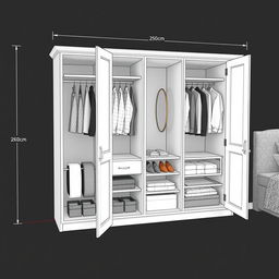 A detailed plan for a built-in wardrobe featuring four doors, designed for a modern bedroom