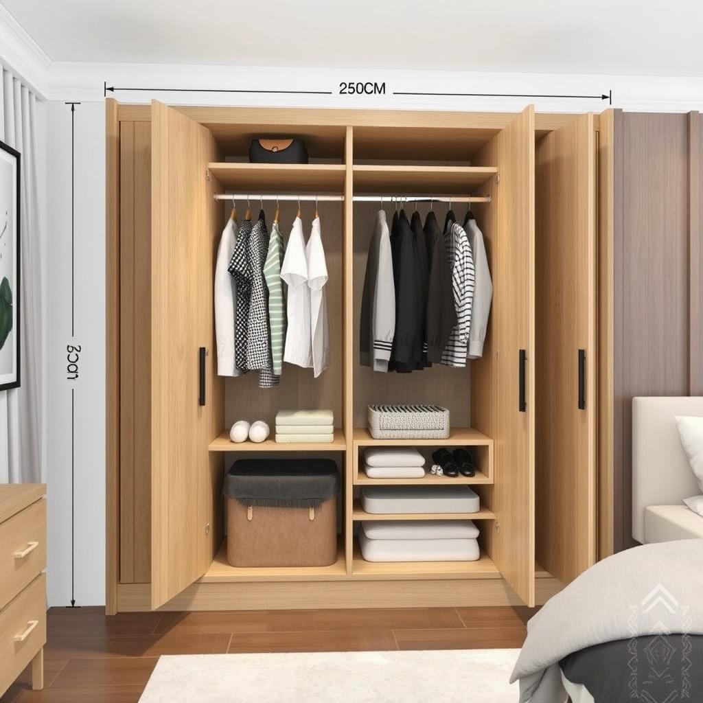 A detailed plan for a built-in wardrobe featuring four doors, designed for a modern bedroom