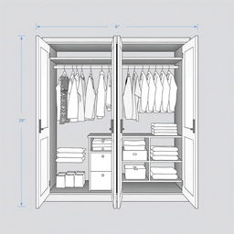 A detailed plan for a built-in wardrobe featuring four doors, designed for a modern bedroom