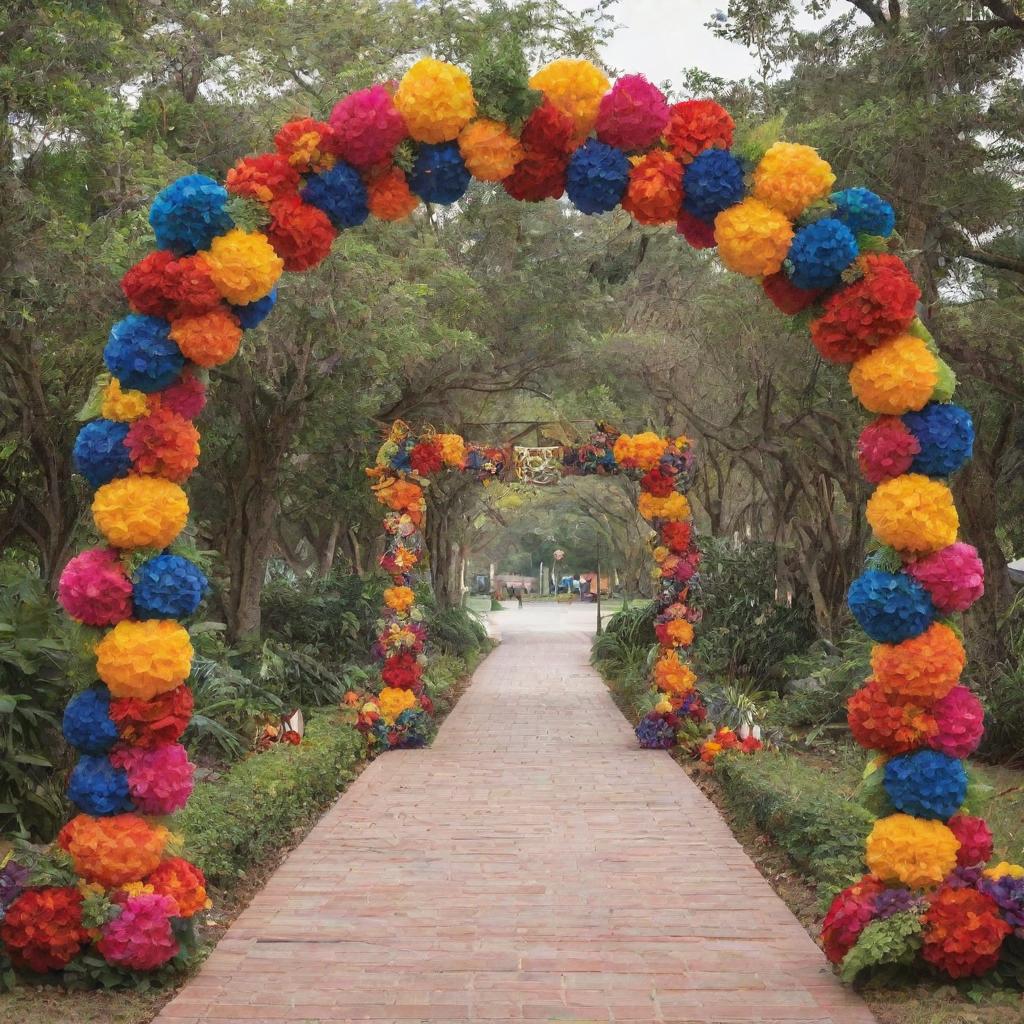 A vibrant and festive archway design inspired by the diverse festivals of the Philippines. Incorporate traditional symbols, costumes, and vibrant colors that reflect the cultural richness and liveliness.