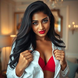 A captivating image of a 24-year-old Indian woman, stylishly unbuttoning a crisp white shirt, revealing a vibrant red bra underneath