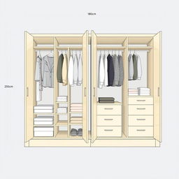 A detailed plan of a built-in wardrobe featuring four doors, all opened, showcasing its interior design