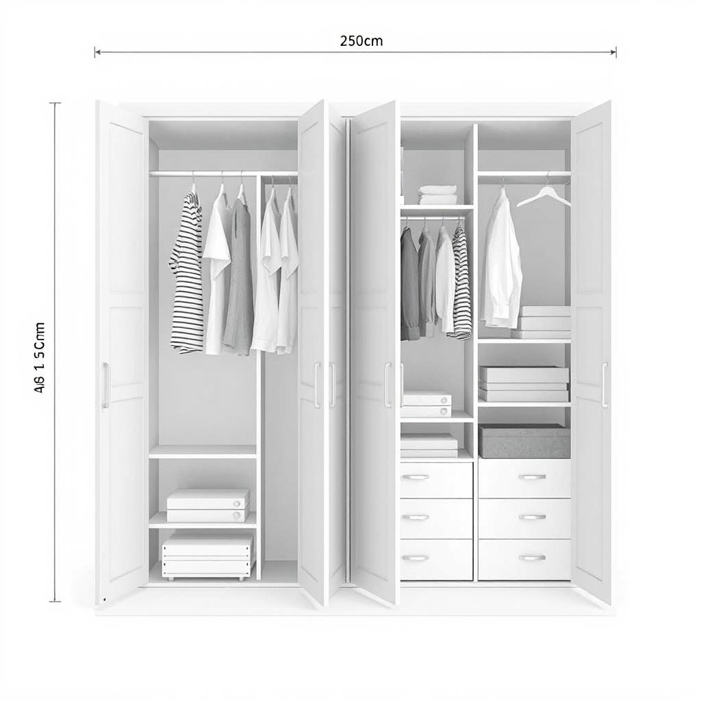 A detailed plan of a built-in wardrobe featuring four doors, all opened, showcasing its interior design