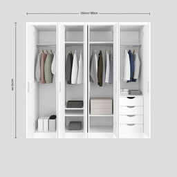 A detailed plan of a built-in wardrobe featuring four doors, all opened, showcasing its interior design