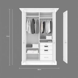 A detailed plan of a built-in wardrobe featuring four doors, all opened, showcasing its interior design