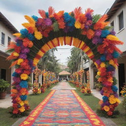 A vibrant and festive archway design inspired by the diverse festivals of the Philippines. Incorporate traditional symbols, costumes, and vibrant colors that reflect the cultural richness and liveliness.