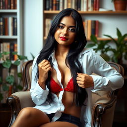 A 24-year-old Indian woman with long black hair, sitting elegantly on a vintage armchair in a softly lit room