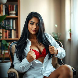 A 24-year-old Indian woman with long black hair, sitting elegantly on a vintage armchair in a softly lit room