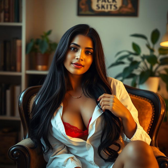 A 24-year-old Indian woman with long black hair, sitting elegantly on a vintage armchair in a softly lit room