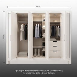 A design of a built-in wardrobe featuring four doors opened, showcasing its interior layout