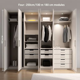 A design of a built-in wardrobe featuring four doors opened, showcasing its interior layout