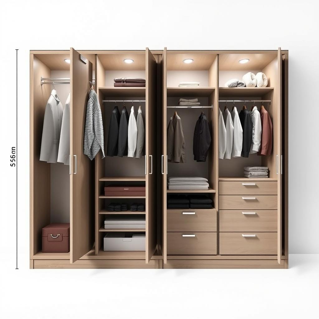 A design of a built-in wardrobe featuring four doors opened, showcasing its interior layout