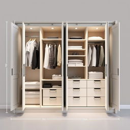 A design of a built-in wardrobe featuring four doors opened, showcasing its interior layout