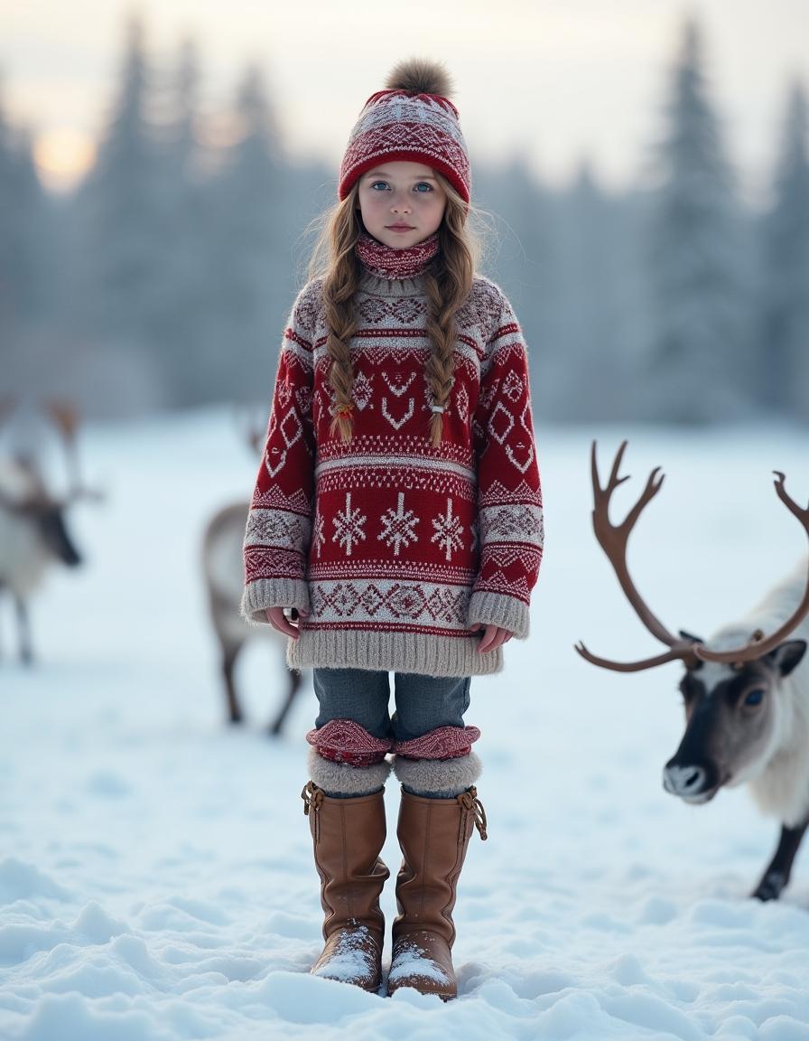 A cute Sami girl, a young woman dressed in a traditional tight kofte, with intricate patterns, standing confidently