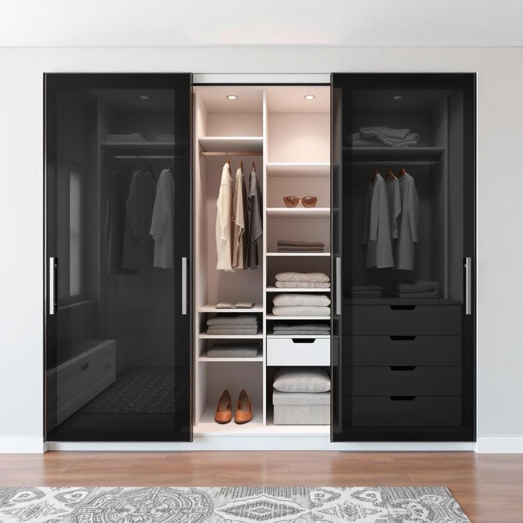 A stylish design of a built-in wardrobe featuring sliding smoked glass doors, elegantly opened to reveal the interior layout