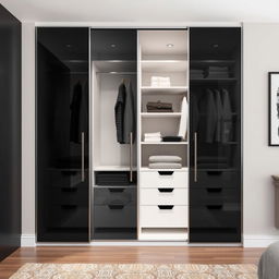 A stylish design of a built-in wardrobe featuring sliding smoked glass doors, elegantly opened to reveal the interior layout