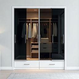 A stylish design of a built-in wardrobe featuring sliding smoked glass doors, elegantly opened to reveal the interior layout