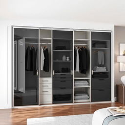 A stylish design of a built-in wardrobe featuring sliding smoked glass doors, elegantly opened to reveal the interior layout