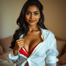 A 24-year-old Indian woman in a soft, intimate setting, playfully unbuttoning her white shirt, which gently reveals a red bra underneath