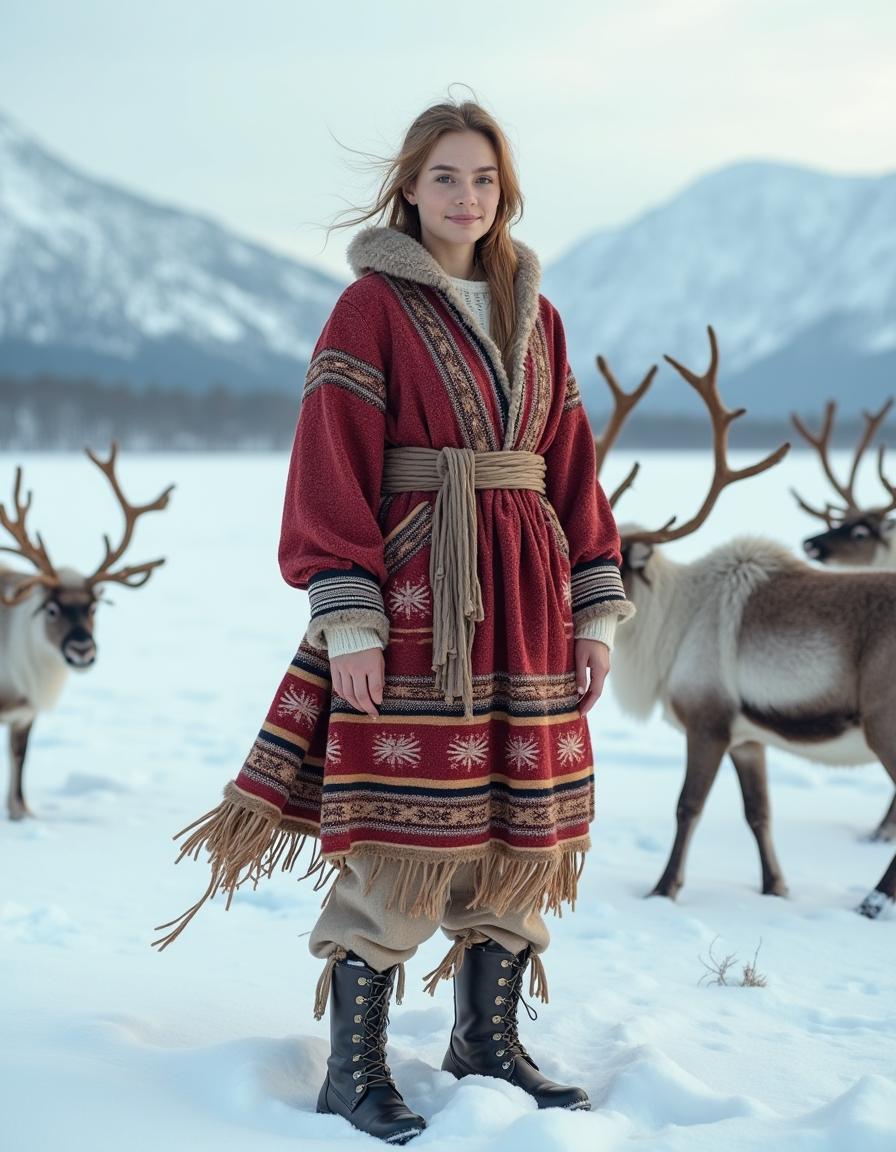 A Norwegian Sami young woman dressed in classical Sami clothing, adorned with rich colors and traditional patterns, elegantly stands amidst a snowy background