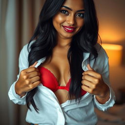 A 24-year-old Indian woman with long dark hair, confidently unbuttoning a crisp white shirt