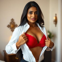 A 24-year-old Indian woman gracefully unbuttoning her white shirt, revealing a striking red 32C bra underneath