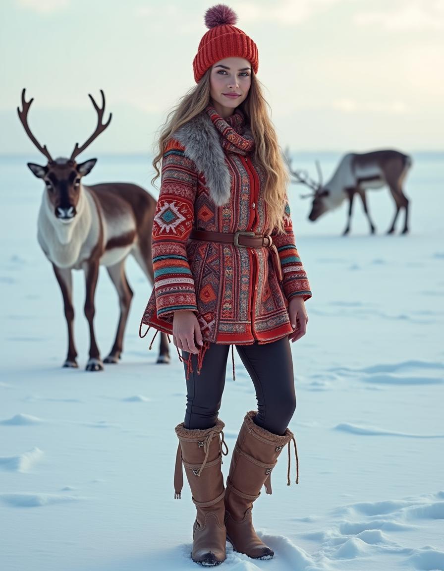 A Norwegian Sami young woman dressed in alluring Sami clothes that blend traditional designs with a modern, sexy twist, featuring form-fitting elements and vibrant patterns