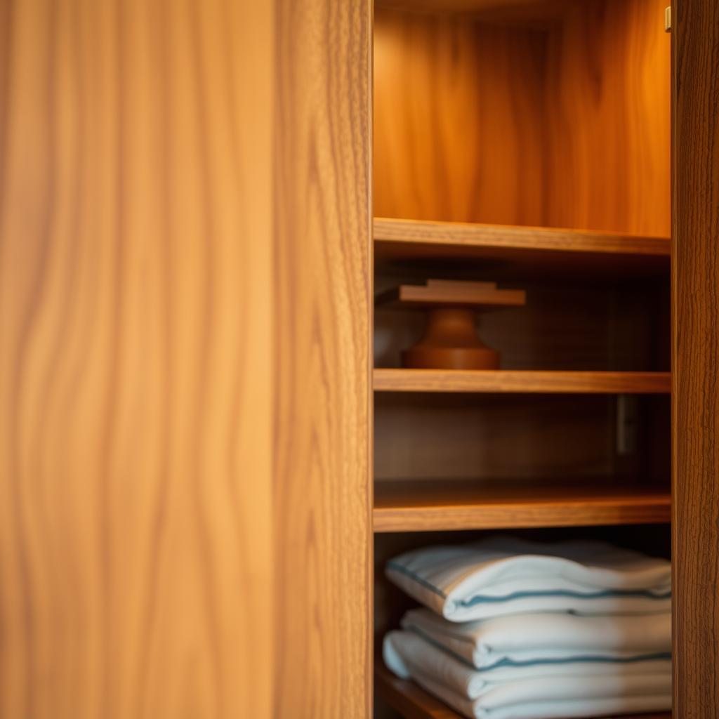 A close-up photo capturing the intricate interior of a cabinet made of beautifully grained wood