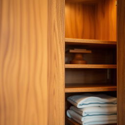 A close-up photo capturing the intricate interior of a cabinet made of beautifully grained wood