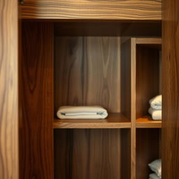 A close-up photo capturing the intricate interior of a cabinet made of beautifully grained wood