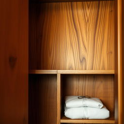 A close-up photo capturing the intricate interior of a cabinet made of beautifully grained wood