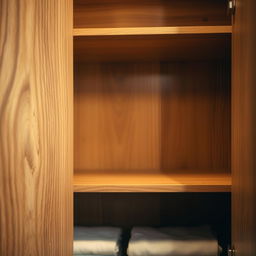 A close-up photo capturing the intricate interior of a cabinet made of beautifully grained wood