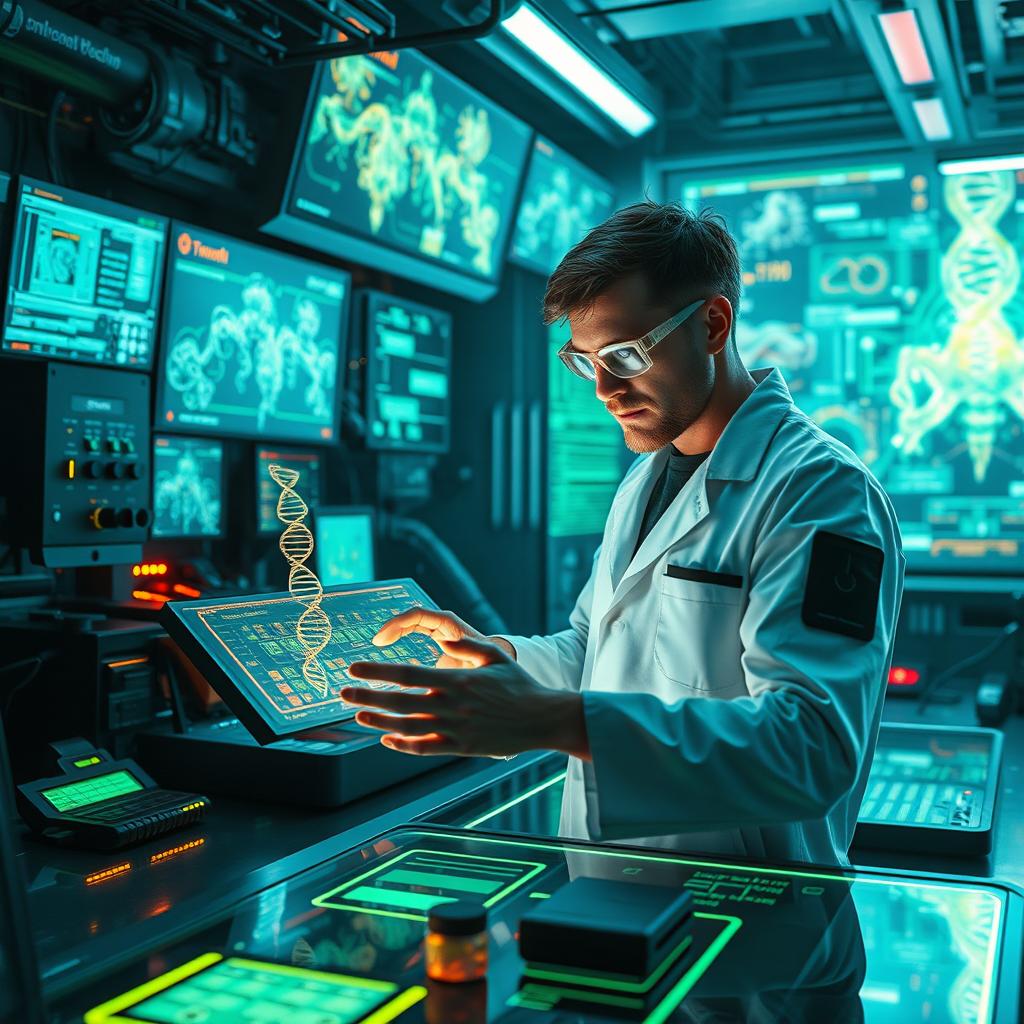 A striking visual representation of electronic warfare intertwined with biohacking concepts, showcasing a high-tech laboratory filled with advanced biotechnology and digital warfare equipment