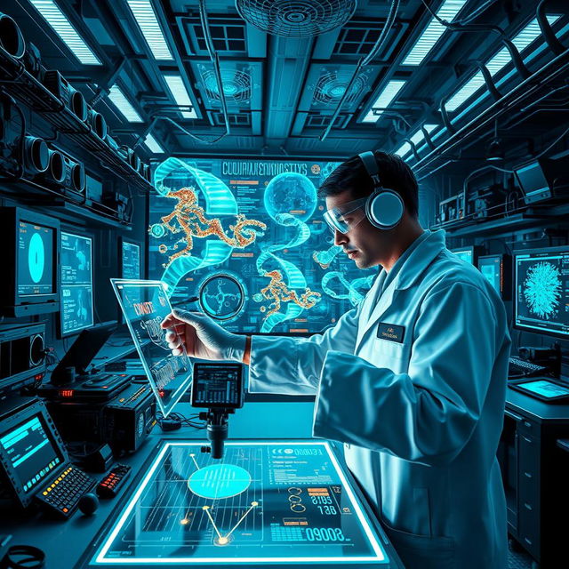 A striking visual representation of electronic warfare intertwined with biohacking concepts, showcasing a high-tech laboratory filled with advanced biotechnology and digital warfare equipment