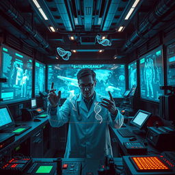 A striking visual representation of electronic warfare intertwined with biohacking concepts, showcasing a high-tech laboratory filled with advanced biotechnology and digital warfare equipment