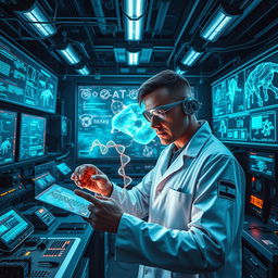 A striking visual representation of electronic warfare intertwined with biohacking concepts, showcasing a high-tech laboratory filled with advanced biotechnology and digital warfare equipment