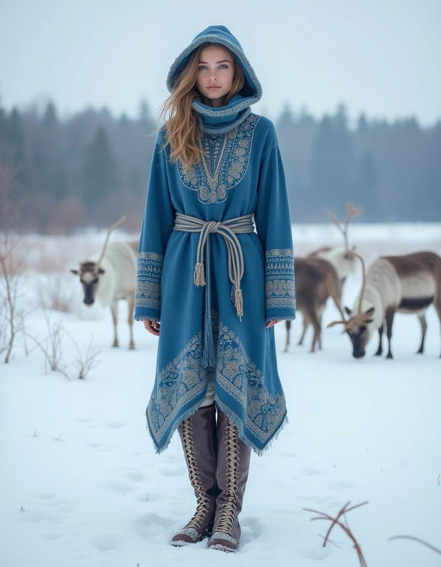 A Norwegian Sami young woman dressed in sexy blue Sami clothes that beautifully blend traditional elements with a modern twist, featuring eye-catching designs and snug fits that highlight her figure