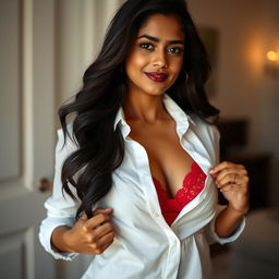 A 24-year-old Indian woman with long flowing dark hair, standing in a softly lit room